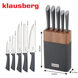 Set cuțite Klausberg KB 7979, 6 piese, Oțel inoxidabil, Suport, Grafit/maro