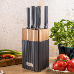 Klausberg KB 7982 Knife Set, 6 pieces, Stainless Steel, Acacia Wood Stand, Graphite/Brown