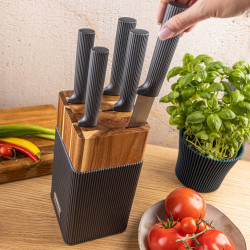 Klausberg KB 7982 Knife Set, 6 pieces, Stainless Steel, Acacia Wood Stand, Graphite/Brown