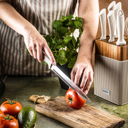 Σετ μαχαιριών Klausberg KB 7984, 8 κομμάτια, Ανοξείδωτο ατσάλι, Ακονιστήρι, Λαβή από ξύλο ακακίας, Μπεζ/ξύλο