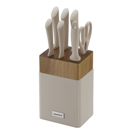 Σετ μαχαιριών Klausberg KB 7984, 8 κομμάτια, Ανοξείδωτο ατσάλι, Ακονιστήρι, Λαβή από ξύλο ακακίας, Μπεζ/ξύλο