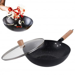 Kinghoff KH 1984 wok, 30 cm, Capac din sticlă cu gaură pentru abur, Finisaj marmură, Inducție, Negru