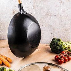 Kinghoff KH 1984 wok, 30 cm, Capac din sticlă cu gaură pentru abur, Finisaj marmură, Inducție, Negru