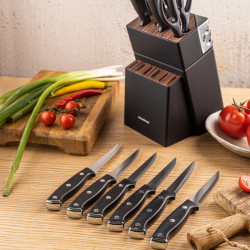 Σετ μαχαιριών Klausberg KB 7985, 13 τεμάχια, Ανοξείδωτο ατσάλι, Λαβή + ακονιστήρι, Μαύρο