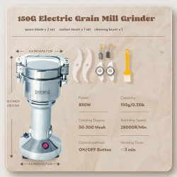Râșniță electrică pentru cereale și condimenteRoyalty Line RL-FG21801, 850W, 150 g, 28000 rpm, Timer, Inox