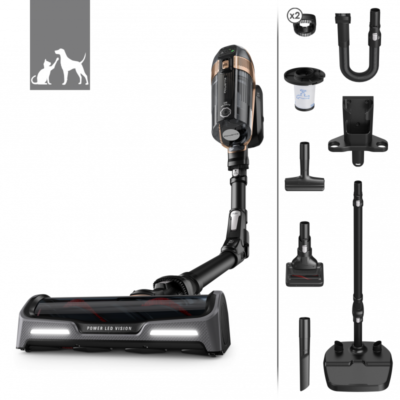 Вертикална прахосмукачка Rowenta X-Force Flex 15.60 RH99F1, 520W, 230AW, 0.9 л, 32.4V, Автономия 80 мин, Автоматична мощност, LED четка, Дисплей, Flex, Черен/бронз
