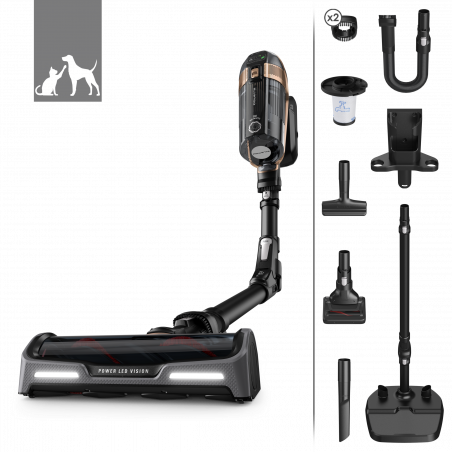 Aspirator vertical Rowenta X-Force Flex 15.60 RH99F1, 520W, 230AW, 0.9 litri, 32.4V, Autonomie 80 min, Auto power, LED, Display, Flex, Negru/Bronz