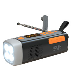 Аварийно радио Adler AD 1920, Соларен панел/Ръчно динамо/USB-C, 4500 mAh, Bluetooth, LED дисплей, Черен/Оранжев
