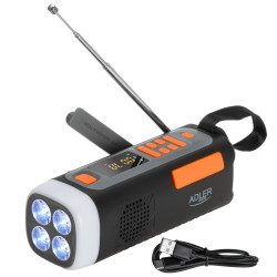 Radio de urgenta Adler AD 1920, Panou sola, Manivela cu generator, USB-C, 4500 mAh, Bluetooth, Afisaj LED, Negru/Portocaliu