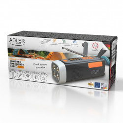Adler AD 1920 vészhelyzeti rádió, napelemes / kézi dinamó / USB-C, 4500 mAh, Bluetooth, LED kijelző, fekete/narancs színű