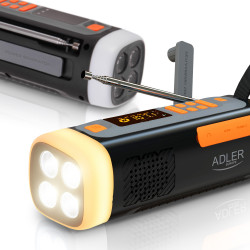 Radio de urgenta Adler AD 1920, Panou sola, Manivela cu generator, USB-C, 4500 mAh, Bluetooth, Afisaj LED, Negru/Portocaliu