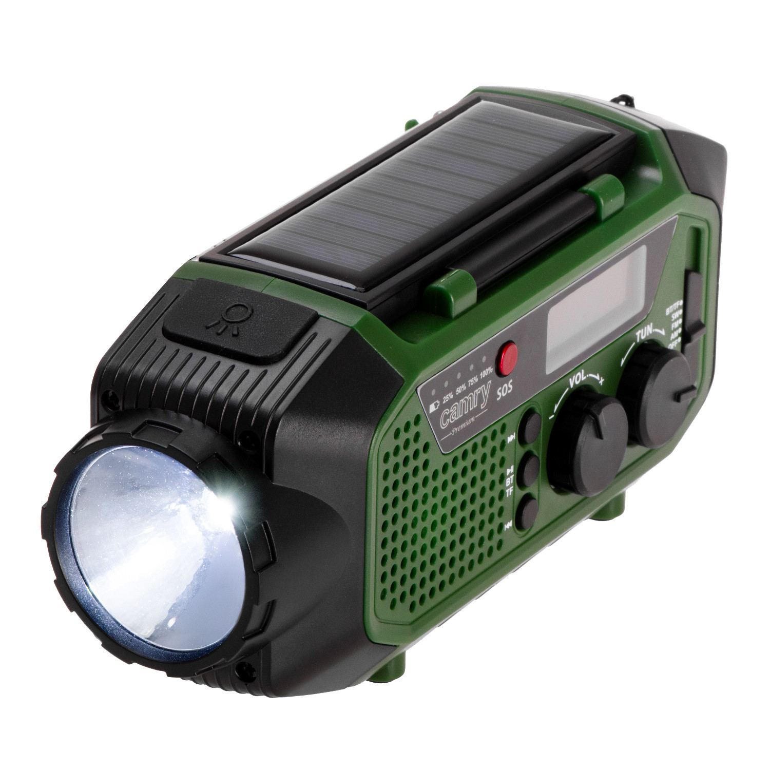 Camry CR 1919 Radio de urgență, panou solar / dinamo portabil / USB-C, 4000 mAh, Bluetooth, afișaj LED, verde / negru