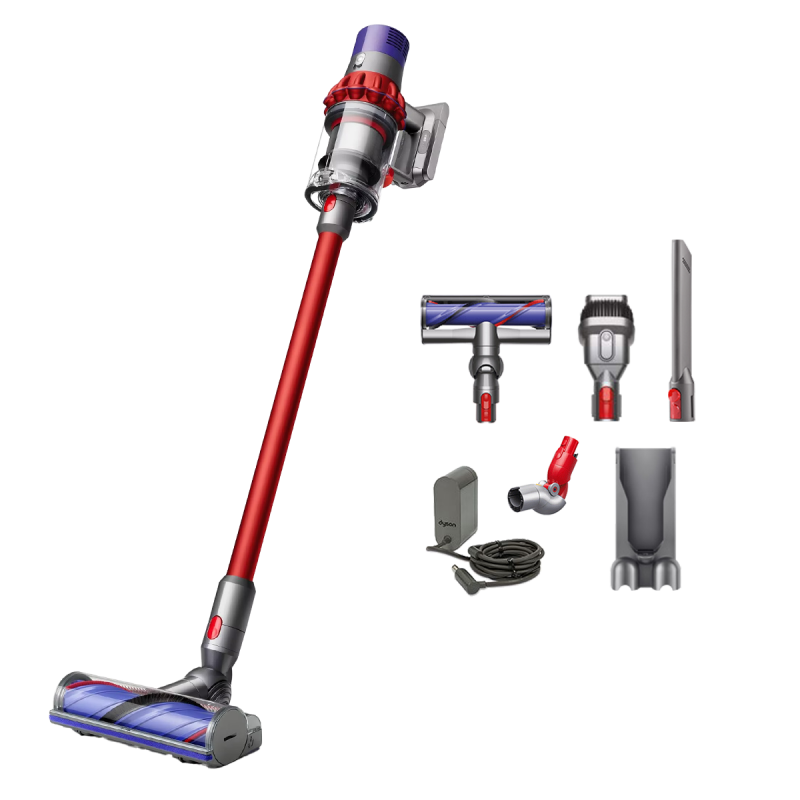 Вертикална прахосмукачка Dyson V10 Origin 394464-01, 525W, 151AW, 0.76l, 125000 об/мин, 60 мин, 3 режима, Motorbar четка, Никел/червен