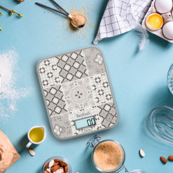 Tefal Optiss BC50D6V0 konyhai mérleg, 5 kg-ig, TARA, LCD, üveg, nagy számok, szürke/dekoratív mintázat