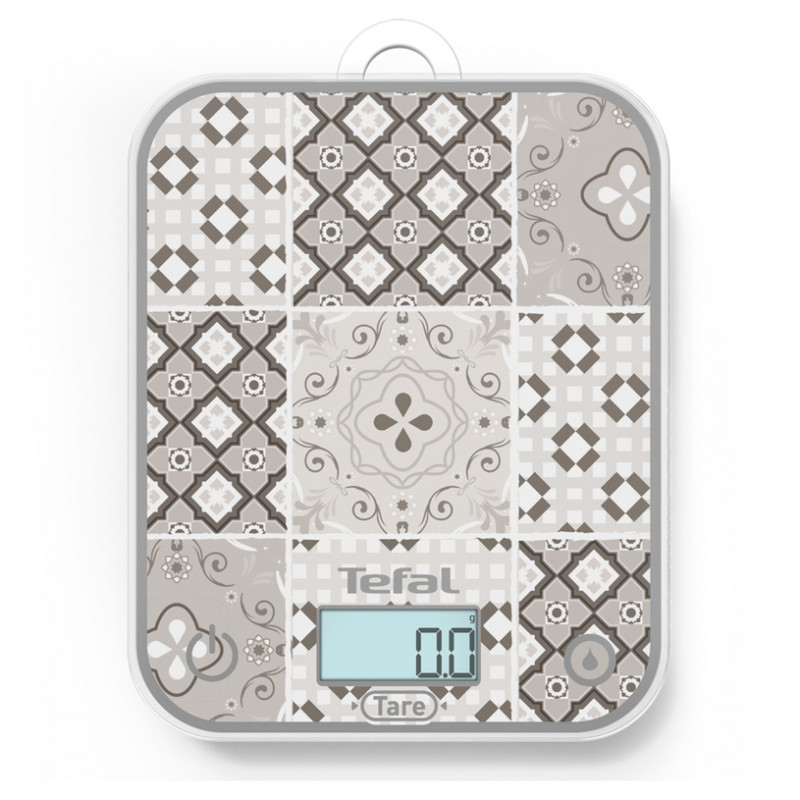 Tefal Optiss BC50D6V0 Kitchen Scale, Up to 5 kg, Tare, LCD, Glass, Large Digits, Gray/Decorative Pattern