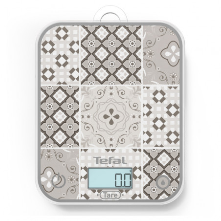 Tefal Optiss BC50D6V0 Kitchen Scale, Up to 5 kg, Tare, LCD, Glass, Large Digits, Gray/Decorative Pattern