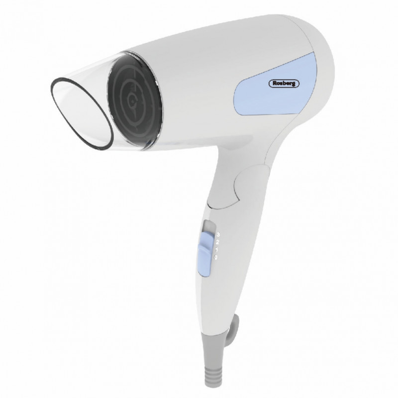 Rosberg R51100N Travel Hair Dryer, 1200W, Foldable Handle, 3 Heat Settings, White/Blue