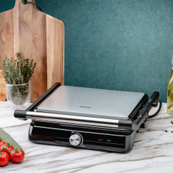 Elektromos grill Rosberg R51442M kenyérpirító, 2000W, grill, tapadásmentes lemezek-29x23 cm, 180°C nyílás, Inox/fekete
