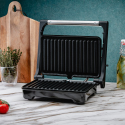 Ηλεκτρική γκριλιέρα Rosberg R51442I, 1500W, 180° άνοιγμα πλάκας, Αντικολλητική,Δίσκος για τα λίπη, Ανοξείδωτο/μαύρο