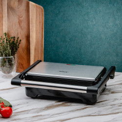 Rosberg R51442I Grill, 1500W, 180° Opening, Non-stick, Drip Pan, Stainless Steel/Black