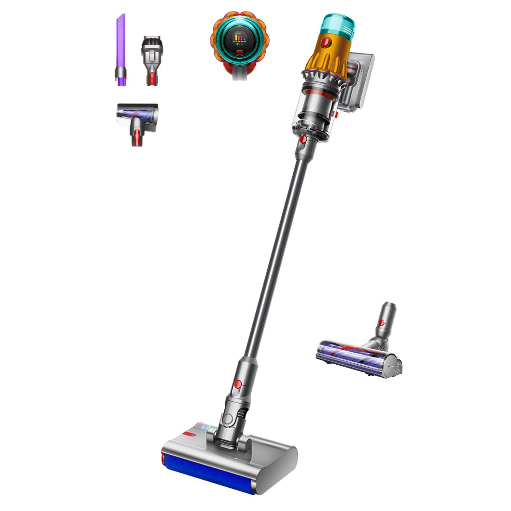 Вертикална прахосмукачка Dyson V12s Detect Slim Submarine 485350-01, 140AW, 0.35 л, 60 мин, Сухо/мокро, 3 режима, HEPA, Сензор за прах, Хигиенично изпразване, LCD с данни ...