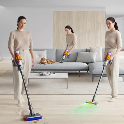 Aspirator vertical Dyson V12s Detect Slim Submarine 485350-01, 140AW, 0,35 L, 60 min, Uscat/Umed, 3 moduri, HEPA, Senzor de praf, Golire igienică, LCD cu date in timp real, Nichel/Galben