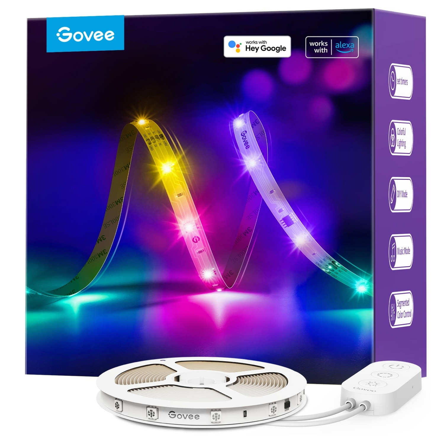 Smart LED лента Govee RGBIC H618A3D1, 12W, 5 м, 90 LED, Wi-Fi, Bluetooth, Alexa, Гласово и мобилно управление, Бял