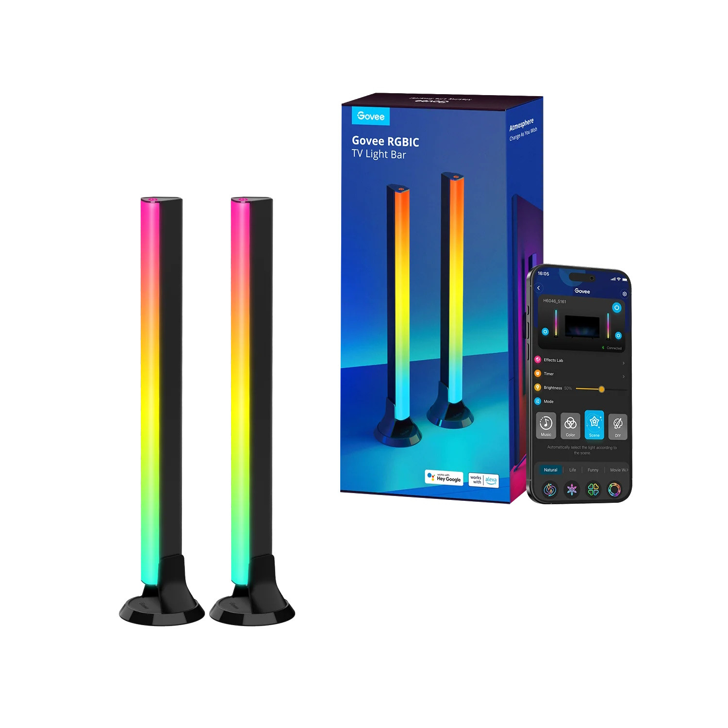 Комплект 2 Smart LED лампи за телевизор Govee H6046 RGBIC, 24W, Адресируеми цветни сегменти, Wi-Fi, Bluetooth, Govee Home, Черен