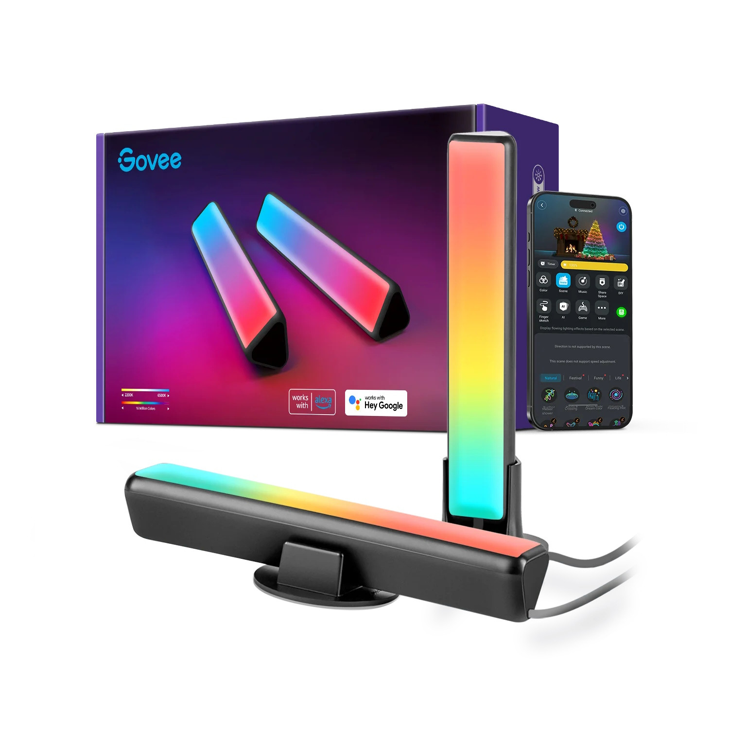 Комплект 2 Smart LED лампи Govee Flow Plus RGBICWW H6056, 18W, Адресируеми цветни сегменти, Wi-Fi, Bluetooth, Govee Home, Черен