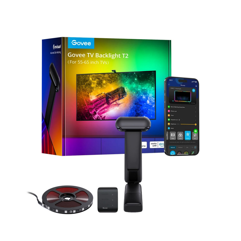 Smart LED banda pentru televizorGovee Envisual T2 RGBIC H605C, 36 W, Segmente de culoare adresabile, Wi-Fi, Bluetooth, Pana la 65", Sincronizare culori, Control vocal, Negru