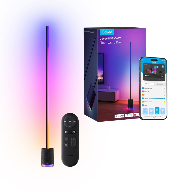 Подова Smart LED лампа Govee Floor Lamp Pro RGBICWW H6079, 170 см, 48W, 2100 lm, 6500K, Wi-Fi, Bluetooth, Govee Home, Черен