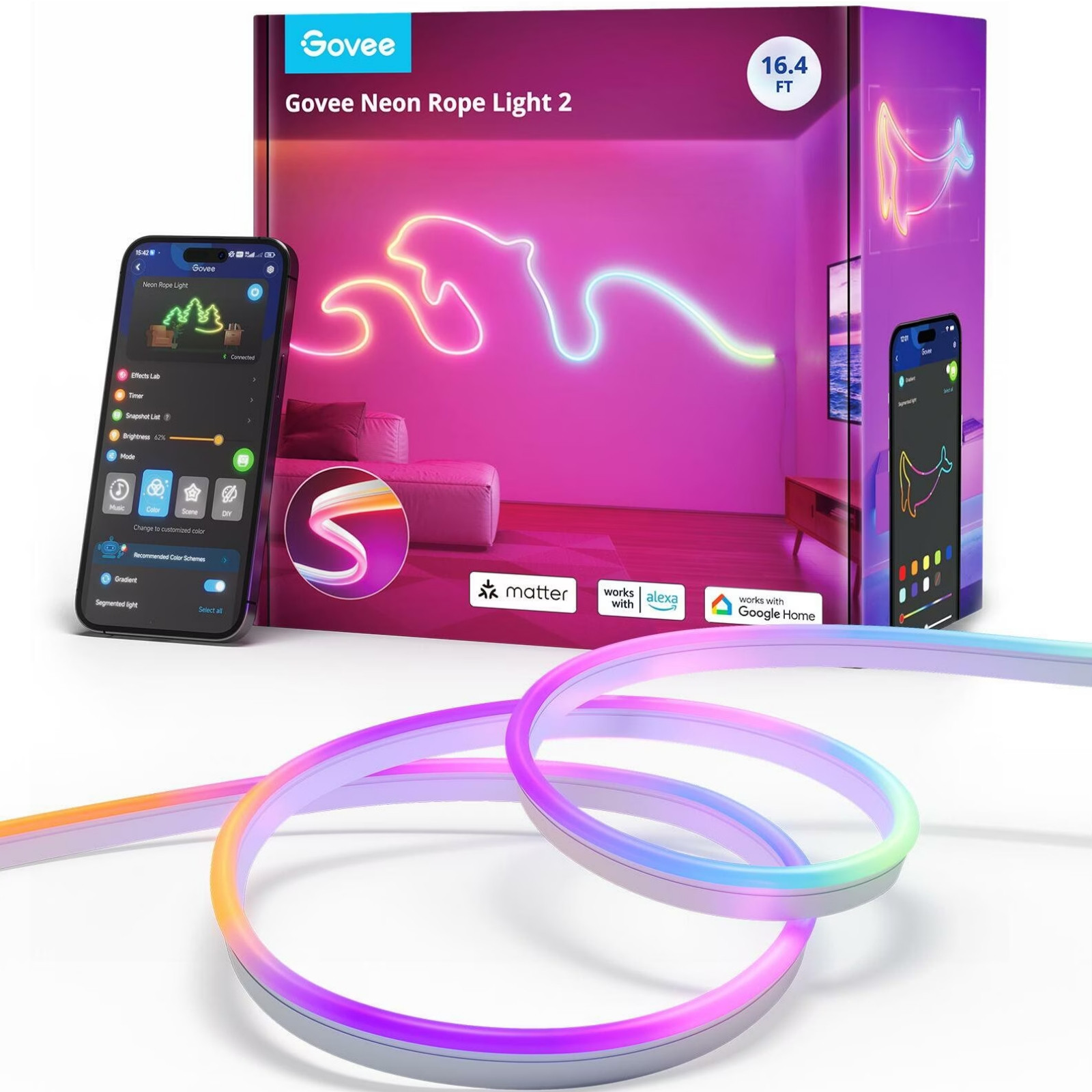 Smart LED lenta Govee Neon Rope Light 2 RGBIC H61D5301, 48 W, 5 m, 173 lm, Bluetooth, Wi-Fi, Matter, Timer, Autoadeziva, 420 diode, 11 moduri muzicale