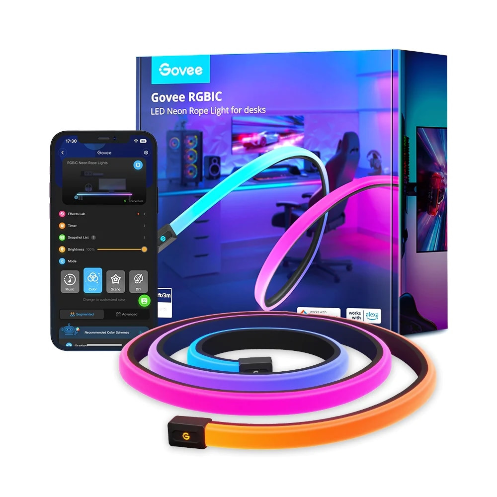 Smart LED лента Govee Neon Rope Lights RGBIC H61C33D1, 36W, 3 м, RGBIC, 2500K, 252 диода, Bluetooth, Wi-Fi, Черен