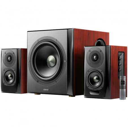 Sistem audio Edifier S350DB, 150 W RMS, Subwoofer de 8", 2 difuzoare woofer de 3,5", Difuzoare tweeter de 3/4", Bluetooth 5.1, Telecomanda, MDF, Maro