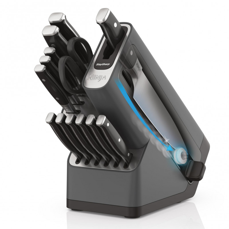 Комплект кухненски ножове с точило Ninja K32014EUUK, 14 части, StaySharp, Ергономичен дизайн, Сребрист/черен