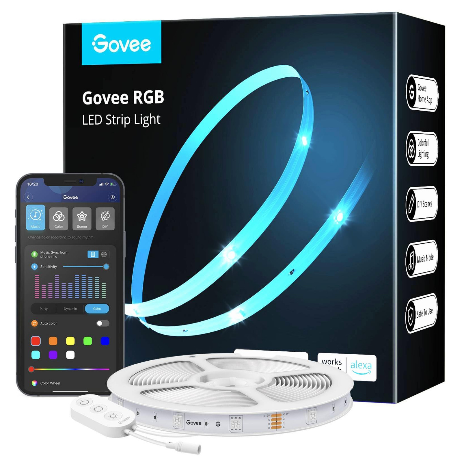 Комплект Smart LED лента Govee H615A3A3, 5 m, Wi-Fi, Bluetooth, Музикална синхронизация, Самозалепваща, Бял