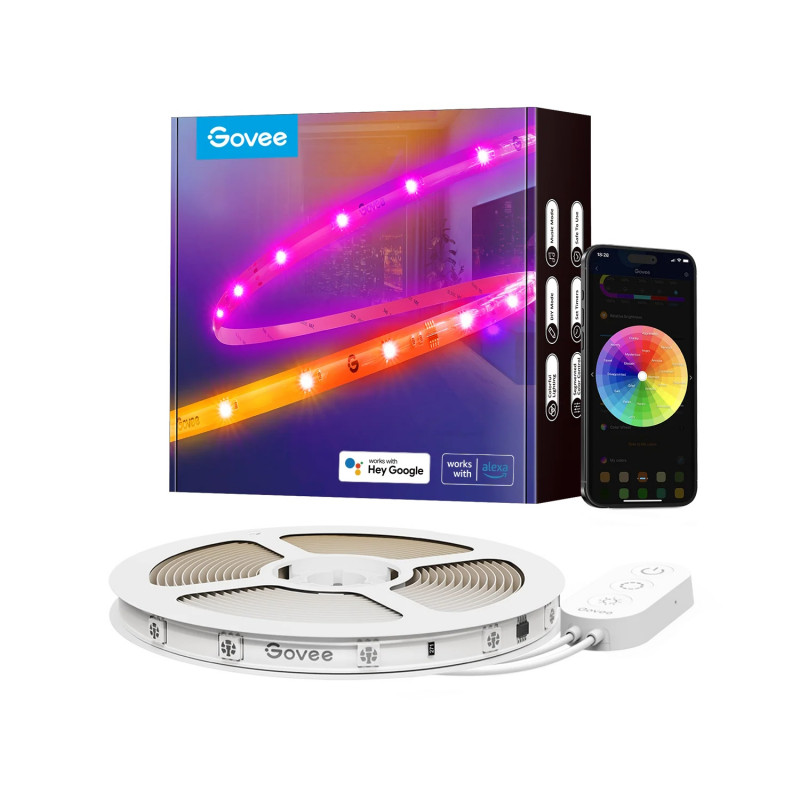 Smart LED banda Govee RGBIC H612ACD1, 24 W, 5 m, RGBICW, 120 LED-uri, Bluetooth, Wi-Fi, Matter, Alexa, Google Assistant, Negru