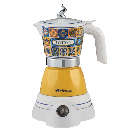 Ηλεκτρική καφετιέρα Ariete Moka Vintage Positano 1358/1P, 400W, 4 φλιτζάνια, Ασύρματη χρήση, Βάση που περιστρέφεται 360 μοίρες, Λευκό/Κίτρινο