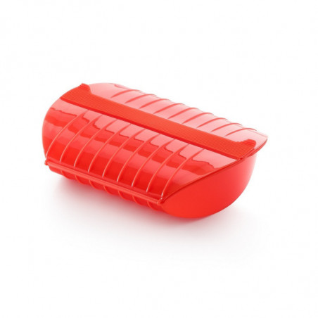 Vas gatire cu aburi pentru cuptorul cu microunde Lekue 1009026, 1,4 litri, 3-4 portii, Silicon platin, Rosu