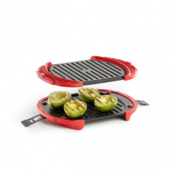 Grill pentru cuptorul cu microunde Lekue 1009082, 27x20,7,8x4,4 cm, Silicon platinat, Otel cu strat antiaderent, 0 / +240 °C, Rosu