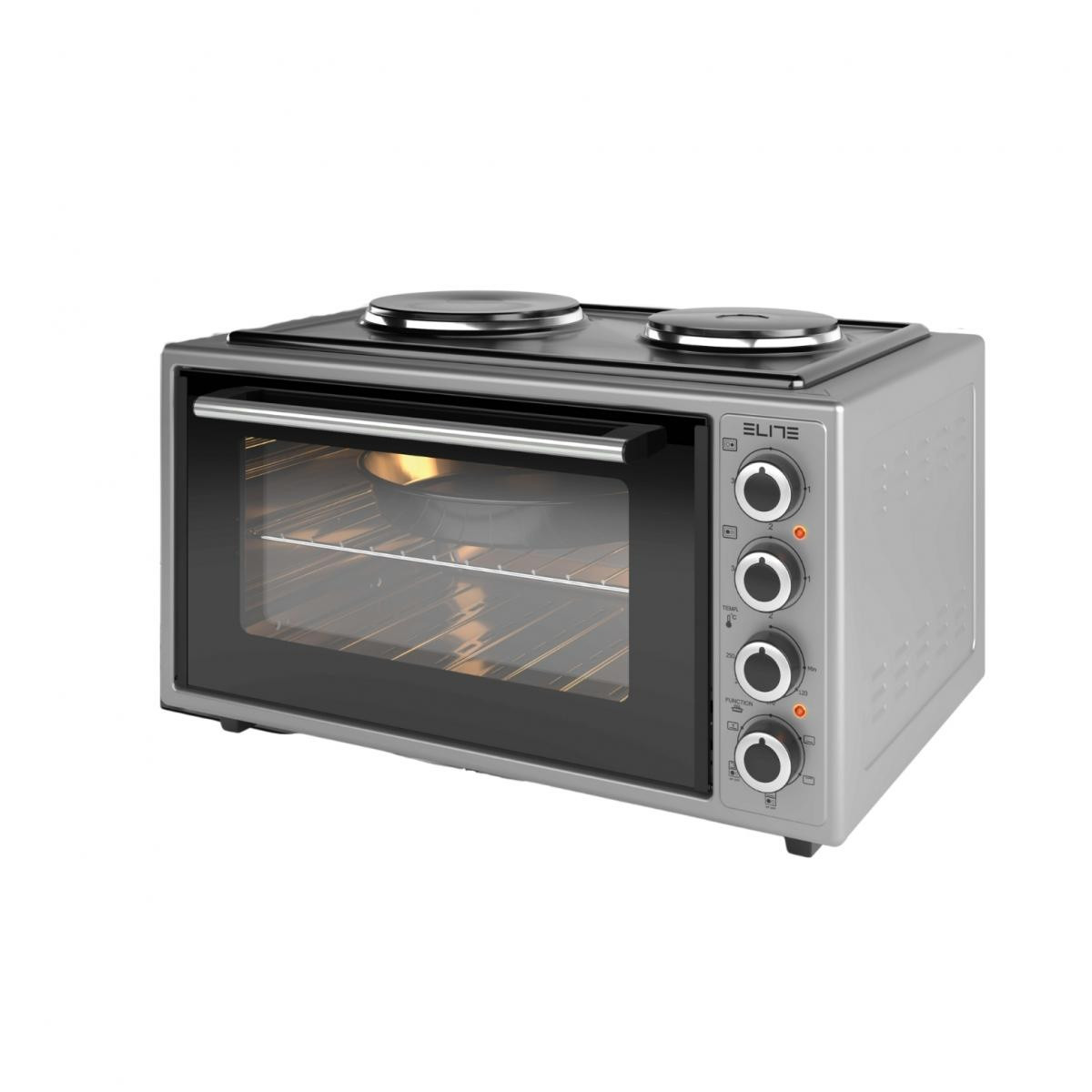 Малка готварска печка Elite EMO-FL 48 2588, 2000W, 48 литра, 3 режима, 3 степени на котлон, Двойно стъкло, Термостат, Турбо вентилатор, Сив