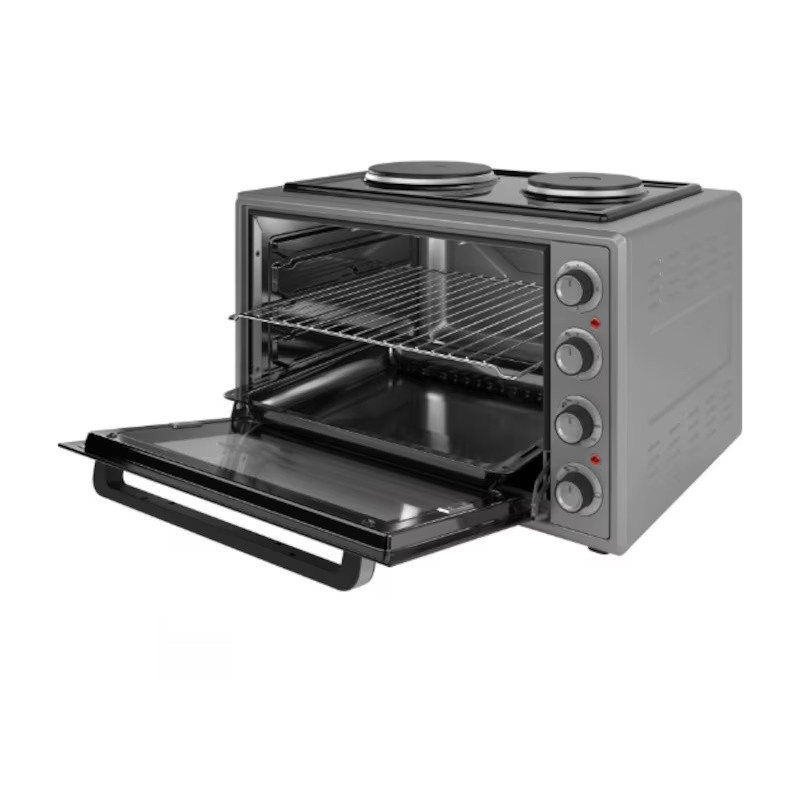 Cuptor electric cu 2 plite Elite EMO-FL 65 2590, 2000 W, 65 litri, 3 moduri, 3 setari pentru plite, Geam dublu, termostat, Ventilator turbo, Gri