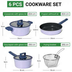 Set de cratite, cos de prajit si tigaie Just Perfecto JL-330, 6 piese, Acoperire din marmura, Inductie, Capac din sticla cu orificiu pentru abur, Violet/albastru