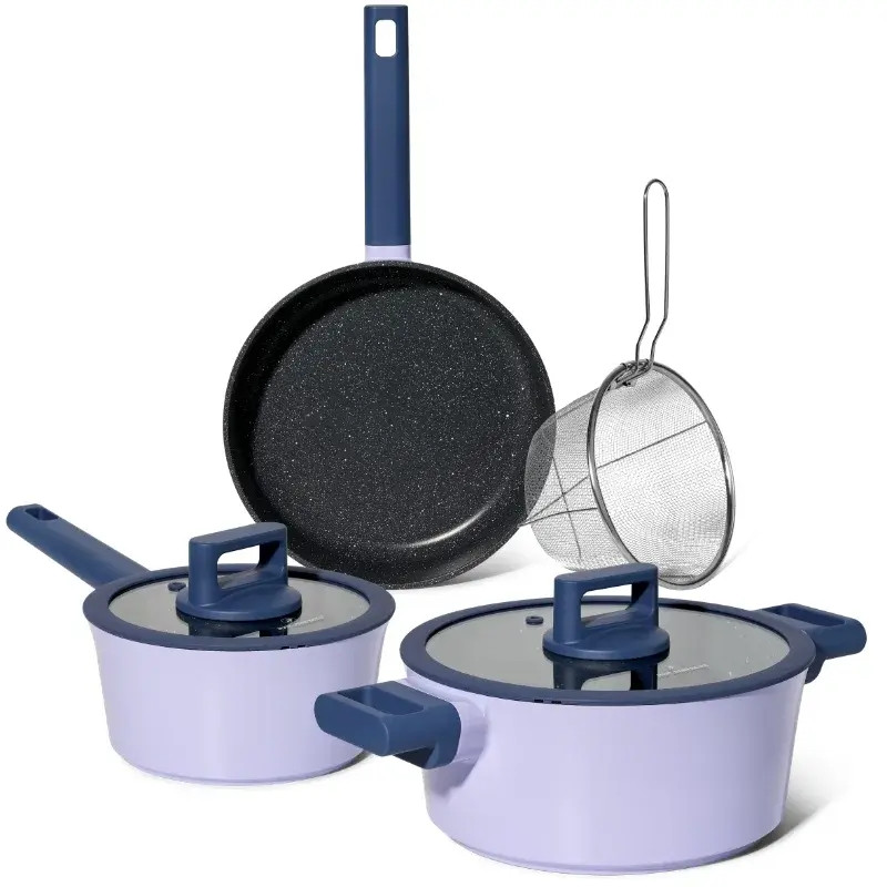 Set de cratite, cos de prajit si tigaie Just Perfecto JL-330, 6 piese, Acoperire din marmura, Inductie, Capac din sticla cu orificiu pentru abur, Violet/albastru