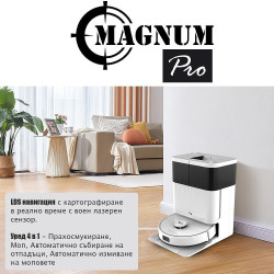 Aspirator robot Magnum PRO, 55 W, 10000 Pa, 0,3 l, 130 min, Wi-Fi, LDS, Notificari vocale, Statie automatа de apa si autocuratare, HEPA, Alb