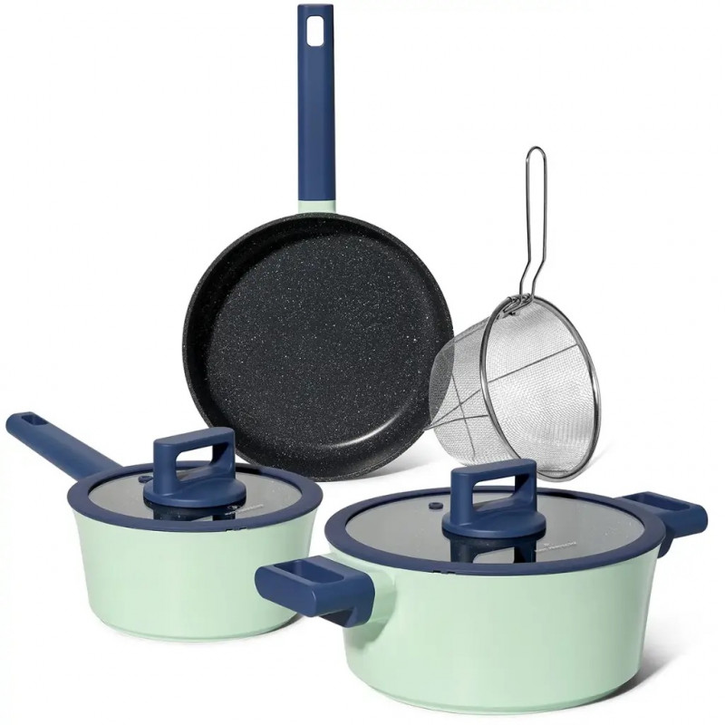 Just Perfecto JL-333 Cookware Set, 6-Piece, Marble Finish, Induction Compatible, Glass Lid with Steam Vent, Green/Blue