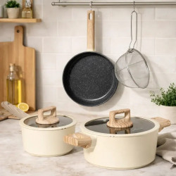 Just Perfecto JL-331 Cookware Set, 6-Piece, Marble Finish, Induction Compatible, Glass Lid with Steam Vent, Beige