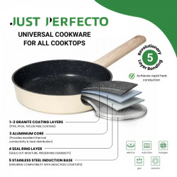 Комплект съдове за готвене Just Perfecto JL-331, 6 части, Мраморно покритие, Индукция, Стъклен капак с отвор за пара, Бежов