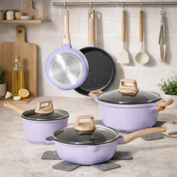 Just Perfecto JL-34 Cookware Set, 13 pieces, Aluminum, Marble finish, Glass lids with steam vent, PTFE- and PFOA-free, Induction-compatible, Purple