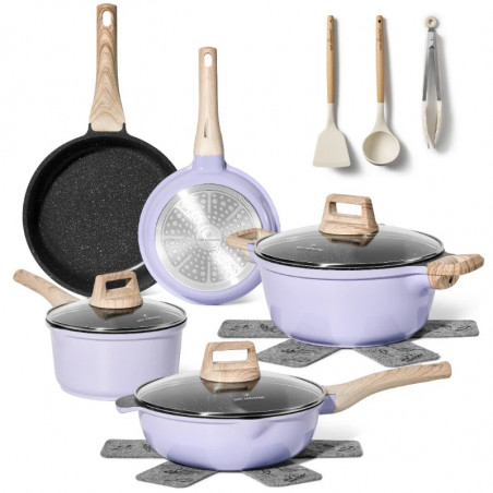 Just Perfecto JL-34 Cookware Set, 13 pieces, Aluminum, Marble finish, Glass lids with steam vent, PTFE- and PFOA-free, Induction-compatible, Purple